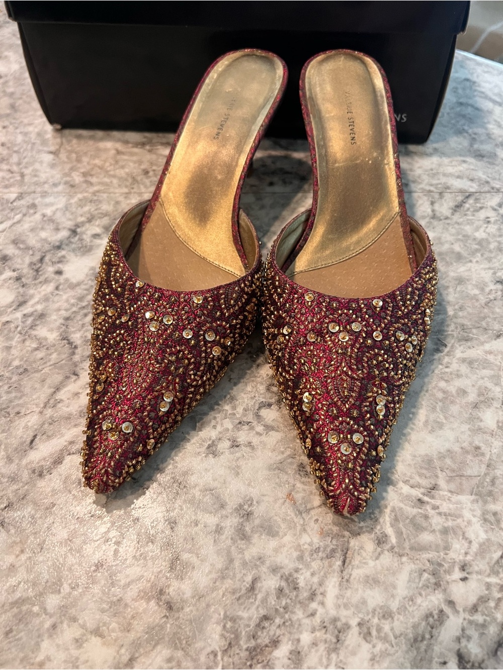Valerie Stevens Embellished Pointed Mules in Burgundy and Gold- with Box